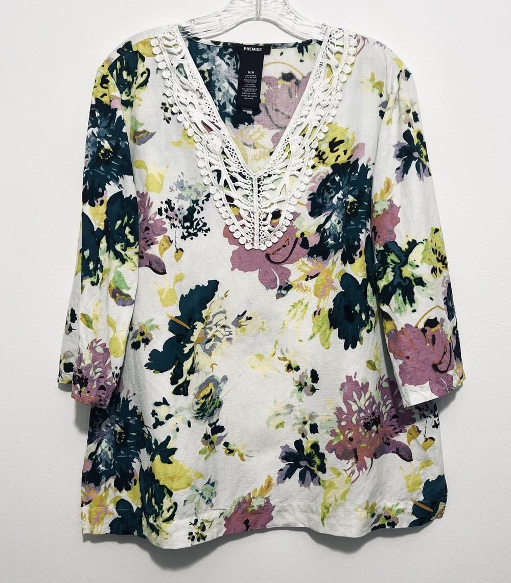 Premise Sz M Oversized Linen Blend Belize City Floral Tunic Top 3/4 Sleeve